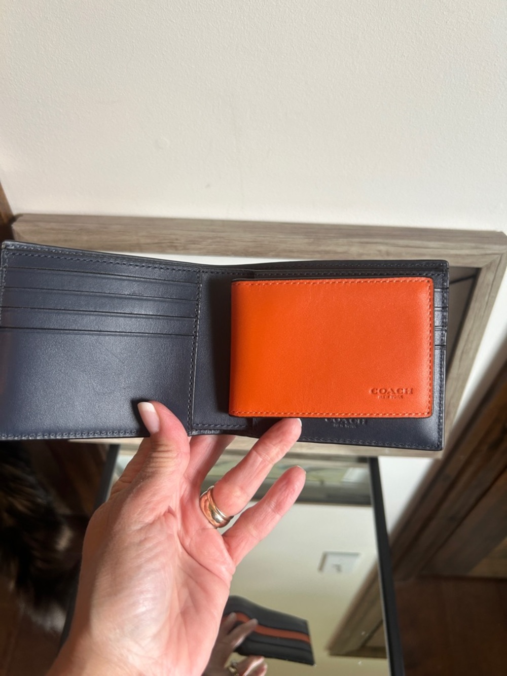Coach Navy and Orange Leather Bifold Card Wallet - Picture 3 of 11